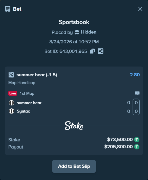 Bet slip: summer bear - Syntax, $73,500.00 stake at 2.80 odds, placed by Hidden