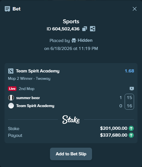 Bet slip: summer bear - Team Spirit Academy, $201,201.00 stake at 1.68 odds, placed by Hidden