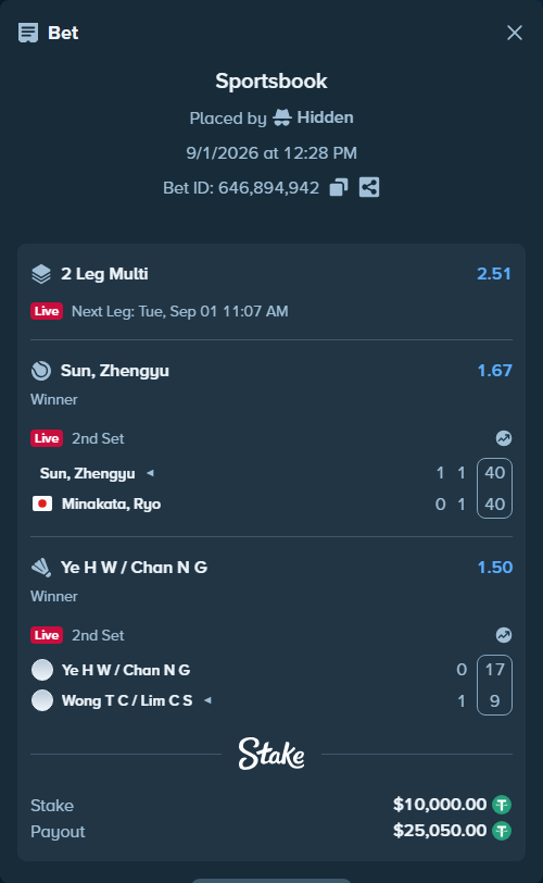 Bet slip: Sun, Zhengyu - Minakata, Ryo, $10,000.00 stake at 1.67 odds, placed by Hidden