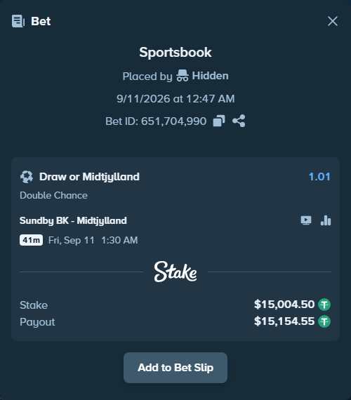 Bet slip: Sundby BK - Midtjylland, $15,000.00 stake at 1.01 odds, placed by Hidden