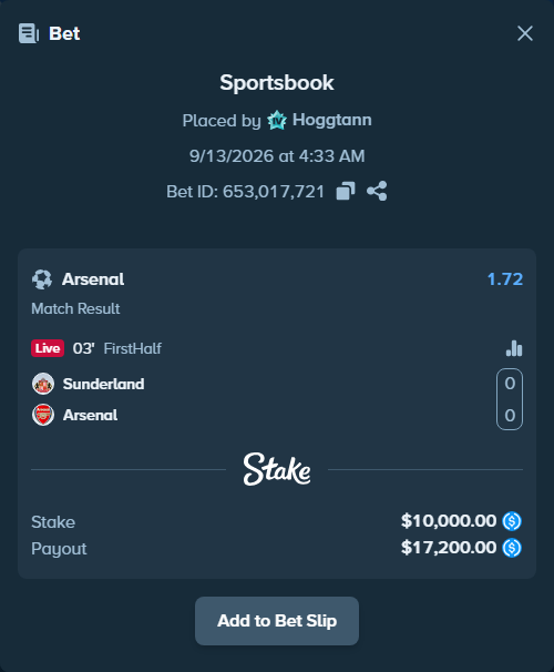 Bet slip: Sunderland - Arsenal, $10,000.00 stake at 1.72 odds, placed by Hoggtann