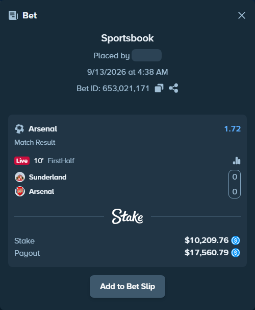 Bet slip: Sunderland - Arsenal, $10,209.76 stake at 1.72 odds, placed by Ugresset