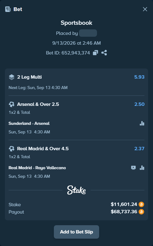 Bet slip: Sunderland - Arsenal, $11,588.71 stake at 2.50 odds, placed by Arielmehillka