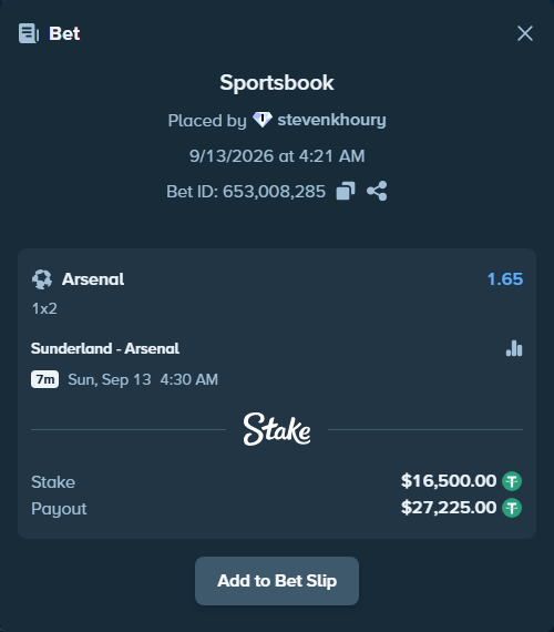 Bet slip: Sunderland - Arsenal, $16,500.00 stake at 1.65 odds, placed by stevenkhoury