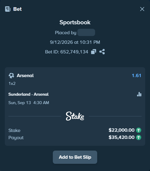 Bet slip: Sunderland - Arsenal, $22,000.00 stake at 1.61 odds, placed by stevenkhoury