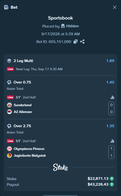 Bet slip: Sunderland - AZ Alkmaar, $22,894.00 stake at 1.40 odds, placed by Hidden