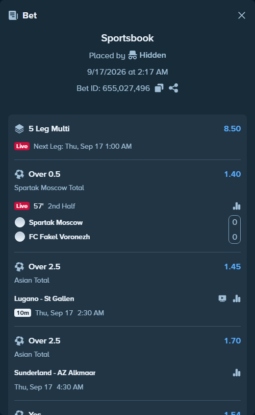 Bet slip: Sunderland - AZ Alkmaar, $30,634.76 stake at 1.70 odds, placed by Hidden