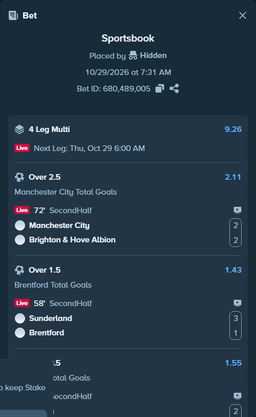 Bet slip: Sunderland - Brentford, $50,000.00 stake at 1.43 odds, placed by Hidden