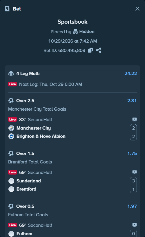 Bet slip: Sunderland - Brentford, $50,000.00 stake at 1.75 odds, placed by Hidden