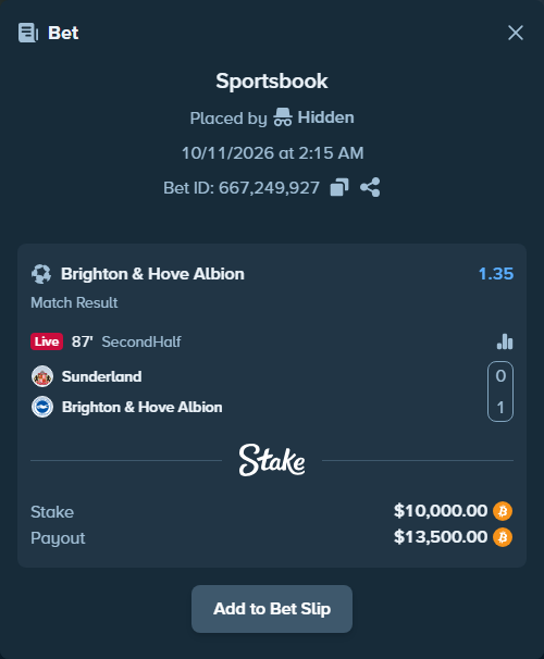 Bet slip: Sunderland - Brighton, $10,008.47 stake at 1.35 odds, placed by Hallfkh