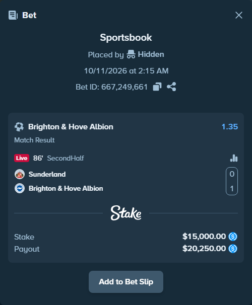 Bet slip: Sunderland - Brighton, $15,000.00 stake at 1.35 odds, placed by Rubino208