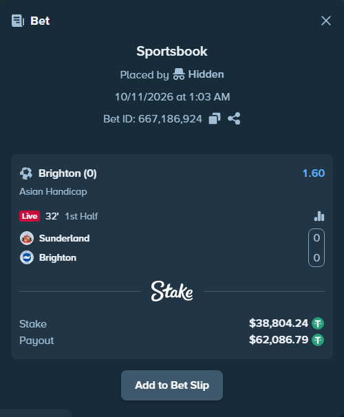 Bet slip: Sunderland - Brighton, $38,843.05 stake at 1.60 odds, placed by siang08
