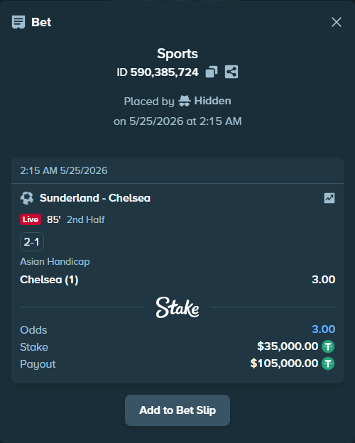 Bet slip: Sunderland - Chelsea, $35,000.00 stake at 3.00 odds, placed by Hidden