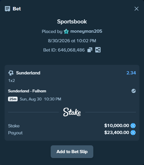 Bet slip: Sunderland - Fulham, $10,000.00 stake at 2.34 odds, placed by moneyman205