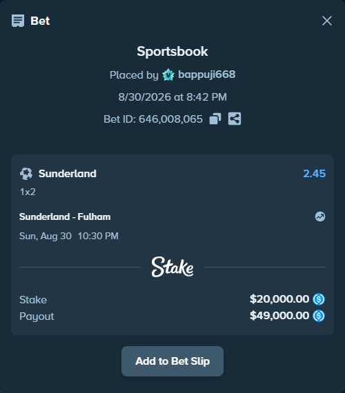 Bet slip: Sunderland - Fulham, $20,000.00 stake at 2.45 odds, placed by bappuji668