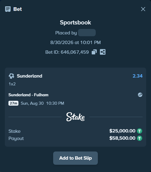 Bet slip: Sunderland - Fulham, $25,000.00 stake at 2.34 odds, placed by winnirium228