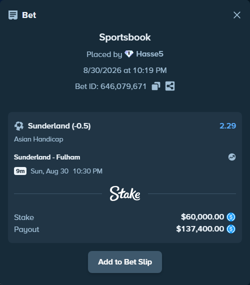 Bet slip: Sunderland - Fulham, $60,000.00 stake at 2.29 odds, placed by Hasse5