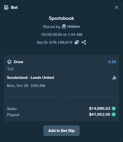 Bet slip: Sunderland - Leeds United, $15,000.00 stake at 3.20 odds, placed by Hkarnib99
