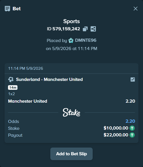 Bet slip: Sunderland - Manchester United, $10,000.00 stake at 2.20 odds, placed by DMNTE96