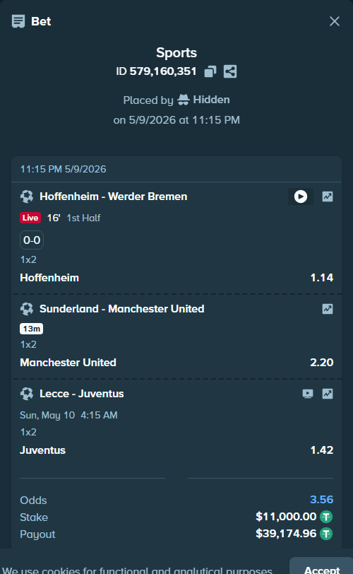 Bet slip: Sunderland - Manchester United, $11,000.00 stake at 2.20 odds, placed by Hidden