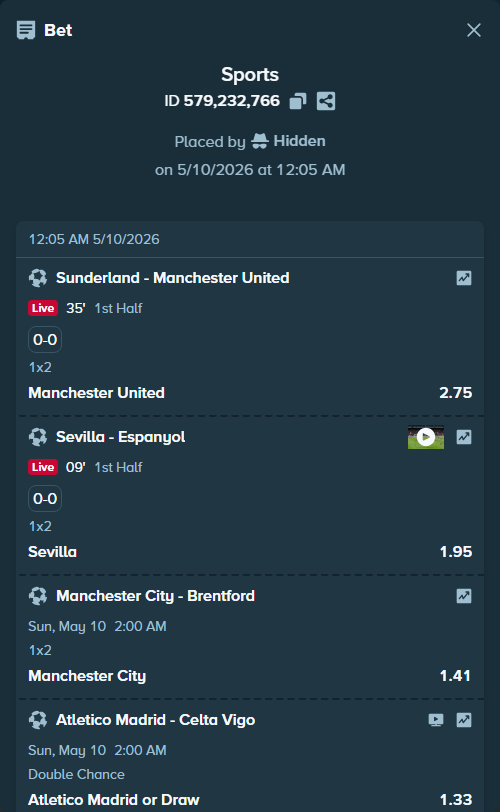 Bet slip: Sunderland - Manchester United, $14,136.00 stake at 2.75 odds, placed by Hidden