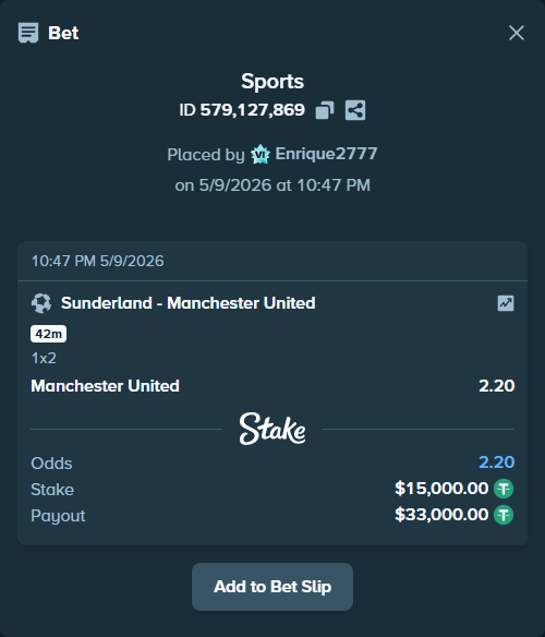 Bet slip: Sunderland - Manchester United, $15,000.00 stake at 2.20 odds, placed by Enrique2777