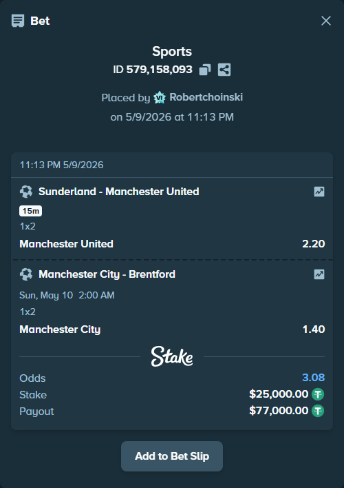 Bet slip: Sunderland - Manchester United, $25,000.00 stake at 2.20 odds, placed by Robertchoinski