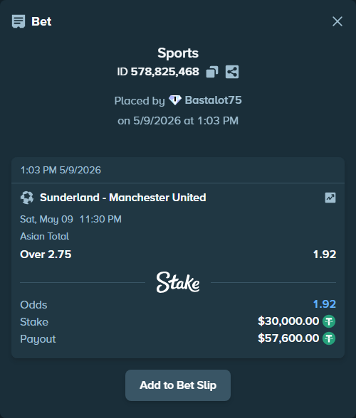 Bet slip: Sunderland - Manchester United, $30,000.00 stake at 1.92 odds, placed by Bastalot75