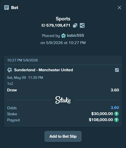 Bet slip: Sunderland - Manchester United, $30,000.00 stake at 3.60 odds, placed by kabic555