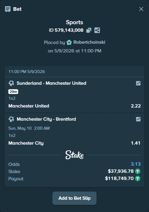 Bet slip: Sunderland - Manchester United, $37,936.78 stake at 2.22 odds, placed by Robertchoinski