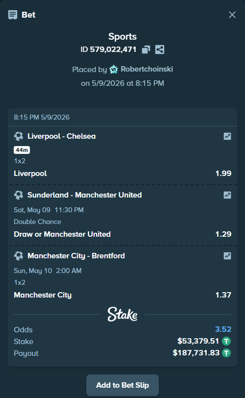 Bet slip: Sunderland - Manchester United, $53,379.51 stake at 1.29 odds, placed by Robertchoinski