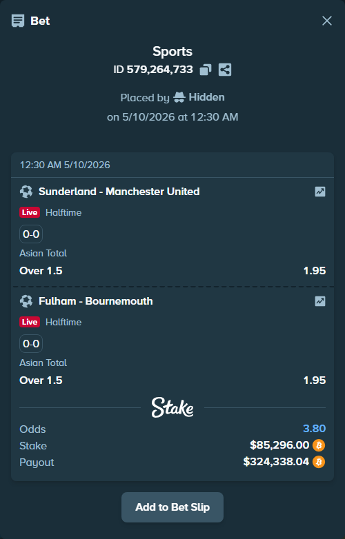 Bet slip: Sunderland - Manchester United, $68,135.89 stake at 1.95 odds, placed by Hidden