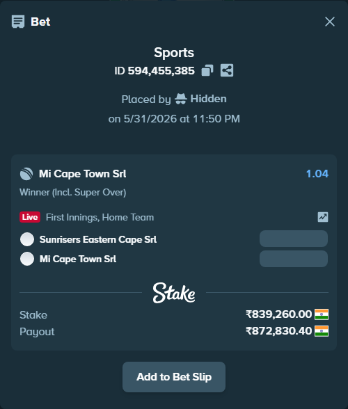 Bet slip: Sunrisers Eastern Cape SRL - Mi Cape Town SRL, $10,071.12 stake at 1.04 odds, placed by Hidden