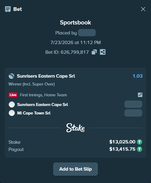 Bet slip: Sunrisers Eastern Cape SRL - Mi Cape Town SRL, $13,038.02 stake at 1.03 odds, placed by liliamaria