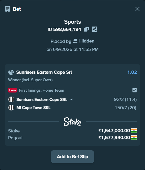 Bet slip: Sunrisers Eastern Cape SRL - Mi Cape Town SRL, $18,564.00 stake at 1.02 odds, placed by Hidden