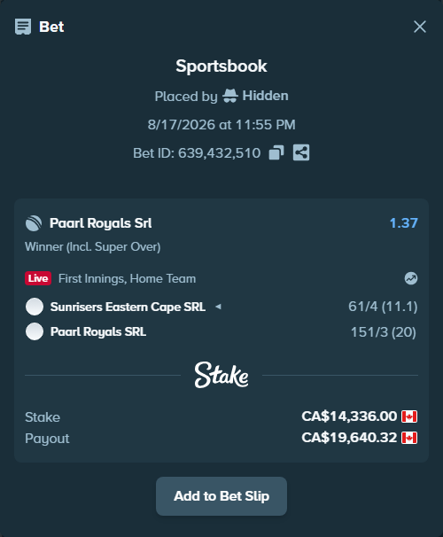 Bet slip: Sunrisers Eastern Cape SRL - Paarl Royals SRL, $10,608.64 stake at 1.37 odds, placed by Hidden