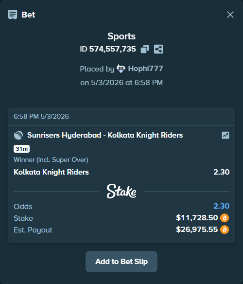 Bet slip: Sunrisers Hyderabad - Kolkata Knight Riders, $9,612.62 stake at 2.30 odds, placed by Hophi777