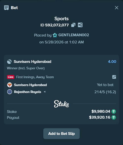 Bet slip: Sunrisers Hyderabad - Rajasthan Royals, $10,000.00 stake at 4.00 odds, placed by GENTLEMAN002