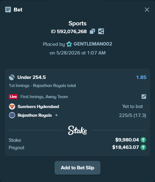 Bet slip: Sunrisers Hyderabad - Rajasthan Royals, $10,000.00 stake at 1.85 odds, placed by GENTLEMAN002
