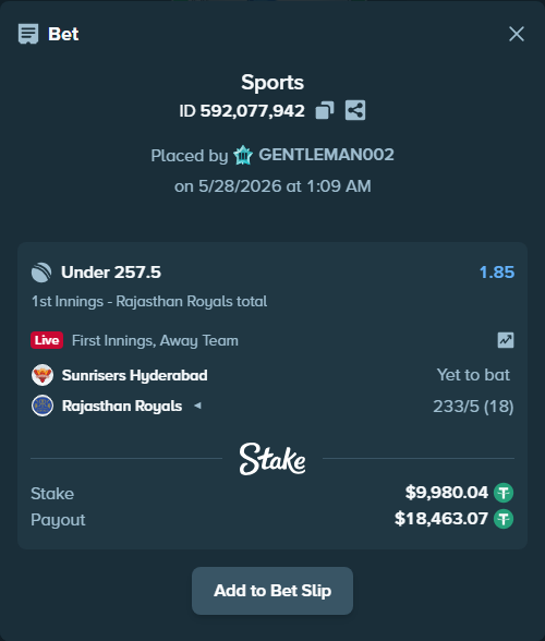 Bet slip: Sunrisers Hyderabad - Rajasthan Royals, $10,000.00 stake at 1.85 odds, placed by GENTLEMAN002