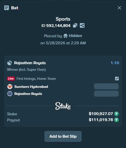 Bet slip: Sunrisers Hyderabad - Rajasthan Royals, $101,028.00 stake at 1.10 odds, placed by Hidden