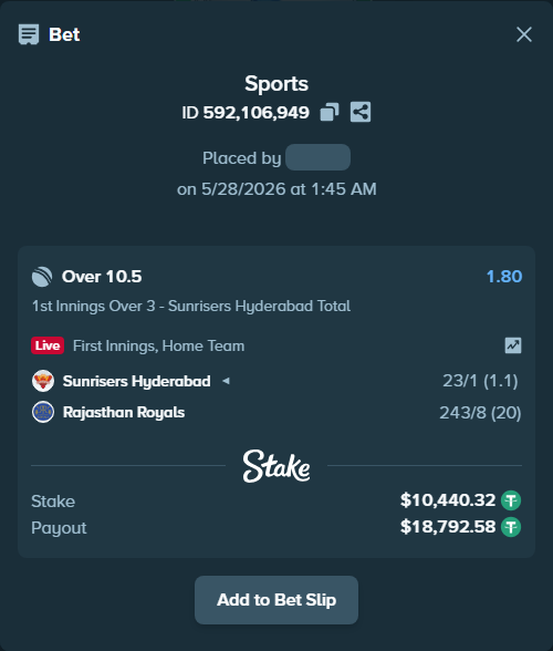 Bet slip: Sunrisers Hyderabad - Rajasthan Royals, $10,461.21 stake at 1.80 odds, placed by GENTLEMAN002
