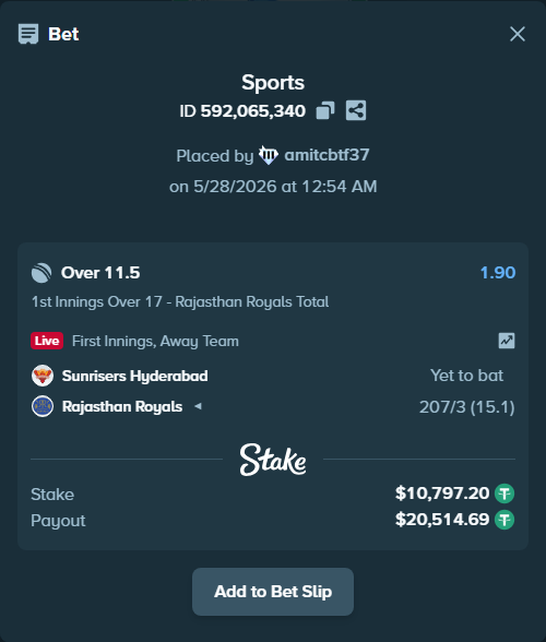 Bet slip: Sunrisers Hyderabad - Rajasthan Royals, $10,808.00 stake at 1.90 odds, placed by amitcbtf37