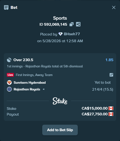 Bet slip: Sunrisers Hyderabad - Rajasthan Royals, $11,100.00 stake at 1.85 odds, placed by BHseh77