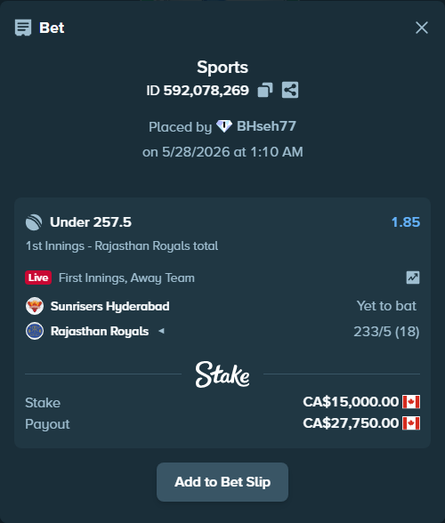Bet slip: Sunrisers Hyderabad - Rajasthan Royals, $11,100.00 stake at 1.85 odds, placed by BHseh77