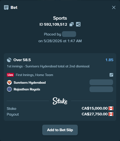 Bet slip: Sunrisers Hyderabad - Rajasthan Royals, $11,100.00 stake at 1.85 odds, placed by BHseh77