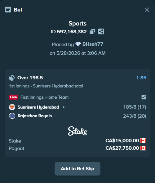 Bet slip: Sunrisers Hyderabad - Rajasthan Royals, $11,100.00 stake at 1.85 odds, placed by BHseh77