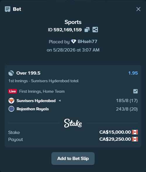Bet slip: Sunrisers Hyderabad - Rajasthan Royals, $11,100.00 stake at 1.95 odds, placed by BHseh77