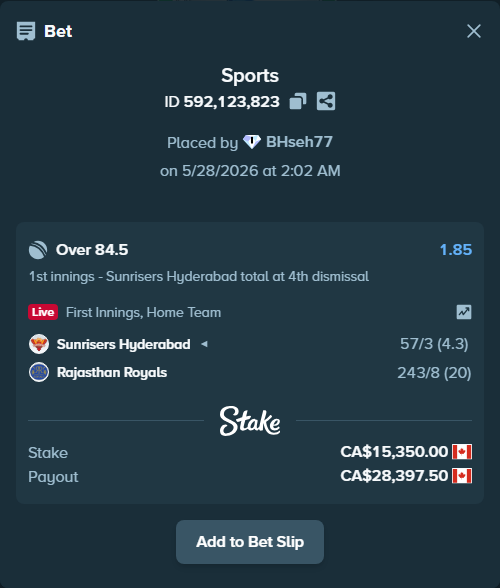Bet slip: Sunrisers Hyderabad - Rajasthan Royals, $11,359.00 stake at 1.85 odds, placed by BHseh77