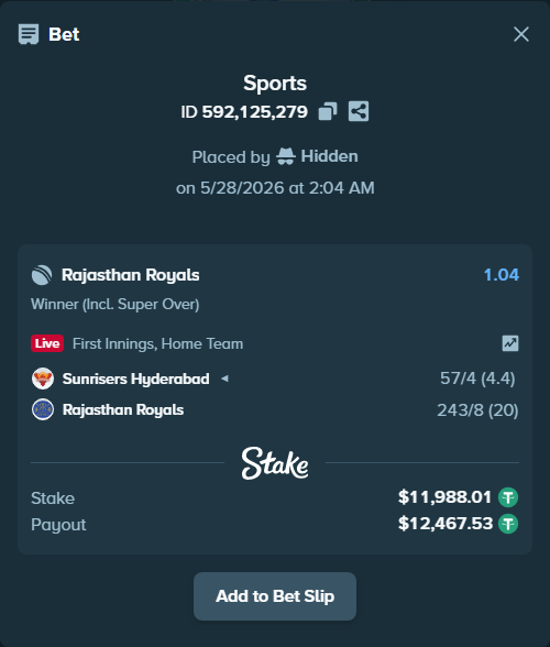 Bet slip: Sunrisers Hyderabad - Rajasthan Royals, $12,000.00 stake at 1.04 odds, placed by Hidden
